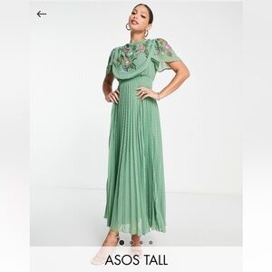 ASOS DESIGN Tall pleated textured cowl front embroidered midi dress in khaki
